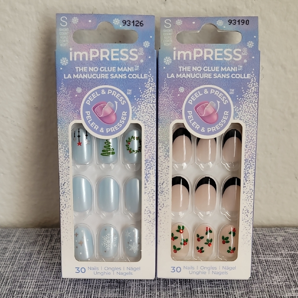 2 imPRESS Holiday Press On Manicure Sets Snowflake Holly Short Length Round New